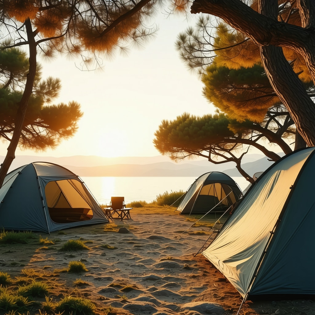 Serene campsite near pine trees and calm sea at sunset in Halkidiki