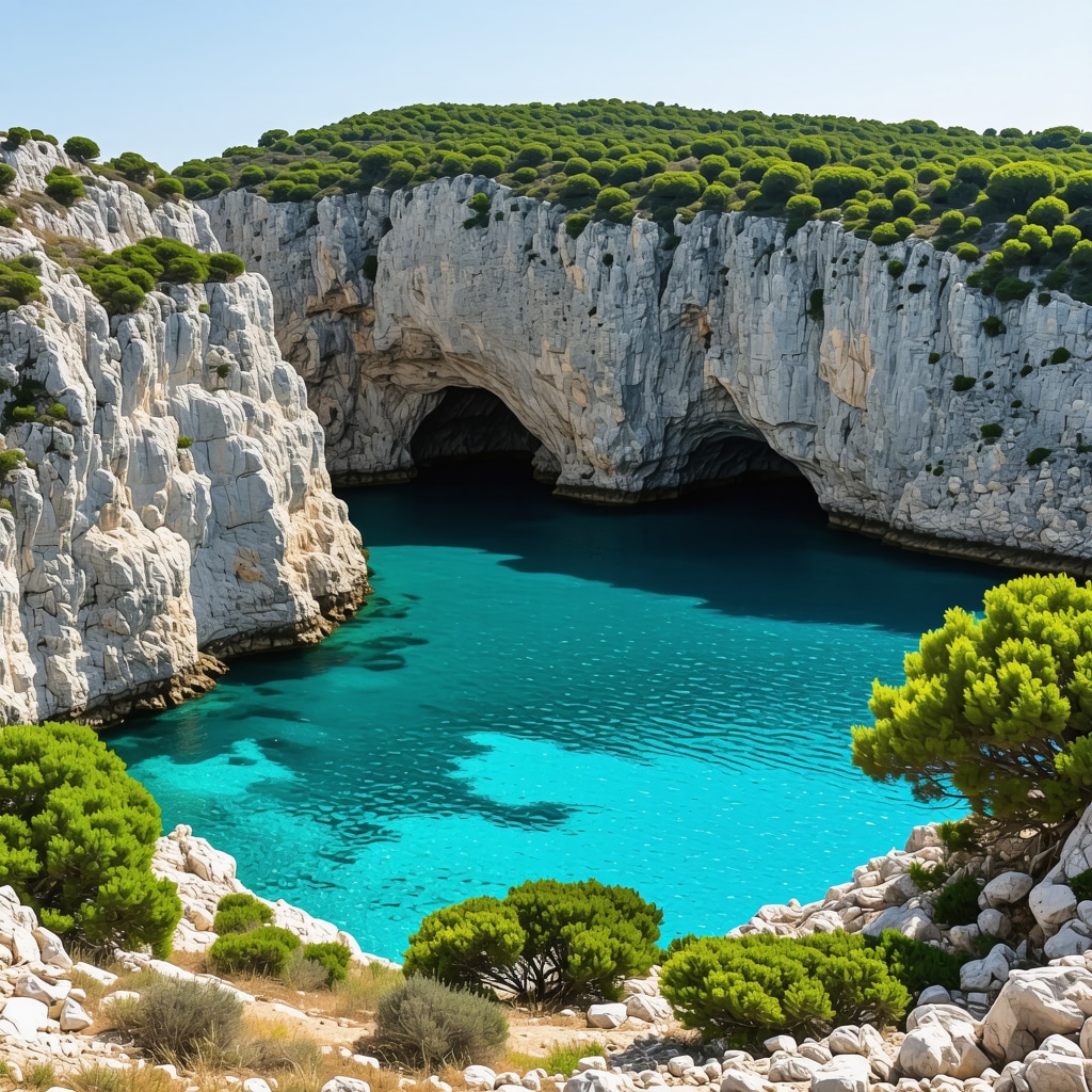 Panoramic view of hidden caves and rugged coastline in Šibenik, Croatia.