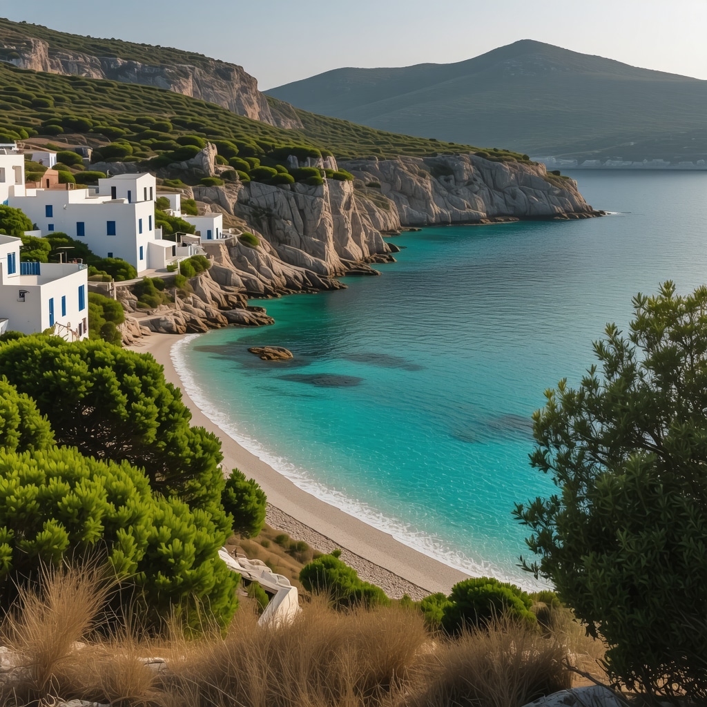 Early morning hidden cove in Mikonos with turquoise water and whitewashed houses