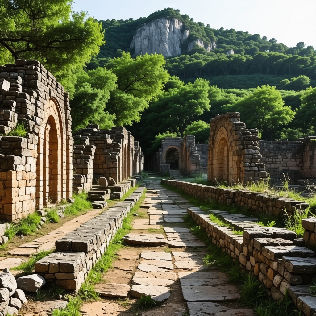 A scenic view of lush greenery, ancient ruins, and a peaceful landscape showcasing the harmony between nature and history.