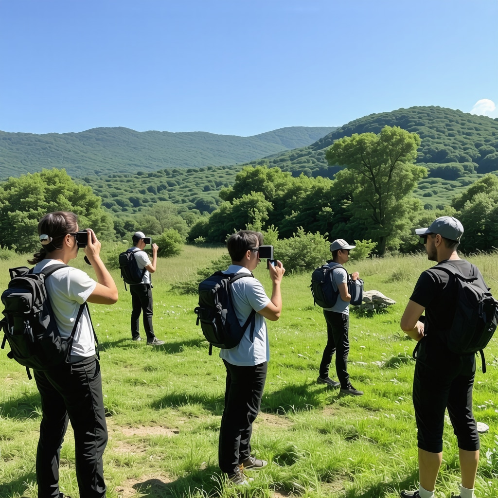 Hikers exploring Tutin's nature and cultural heritage using augmented reality devices