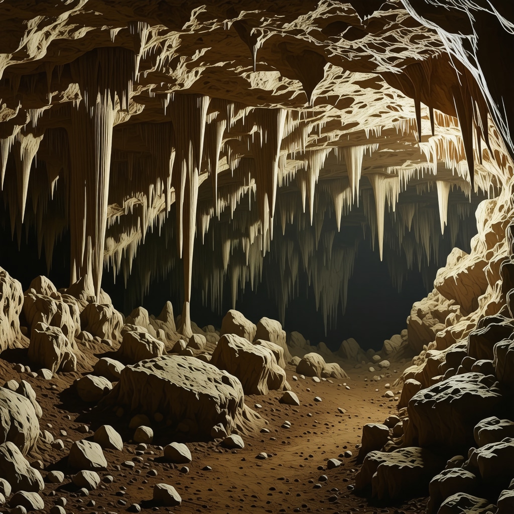 Underground cave with stalactites and stalagmites, natural geological formations