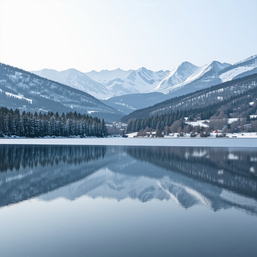 Snow-covered mountains and frozen lakes in Kıçevo during winter