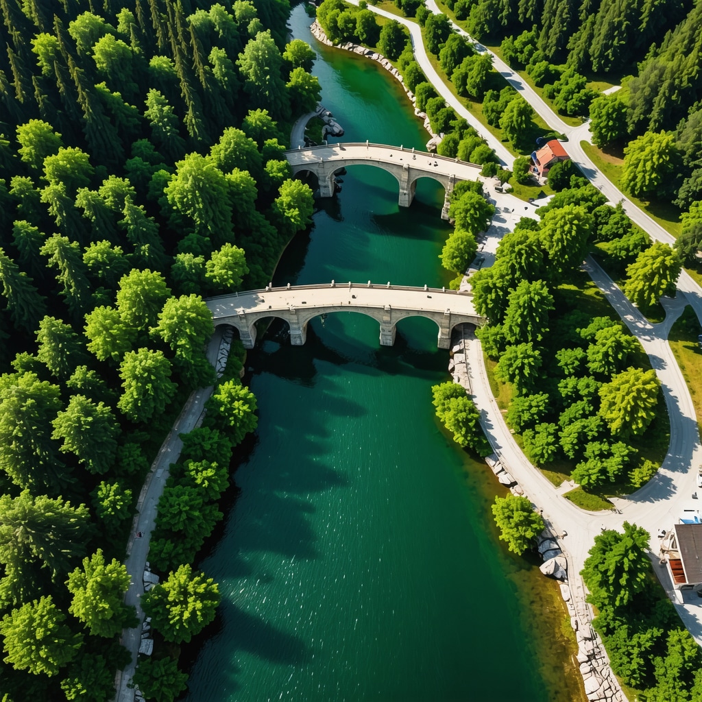 Aerial view of Konjic showcasing historic bridges and surrounding lush landscapes.