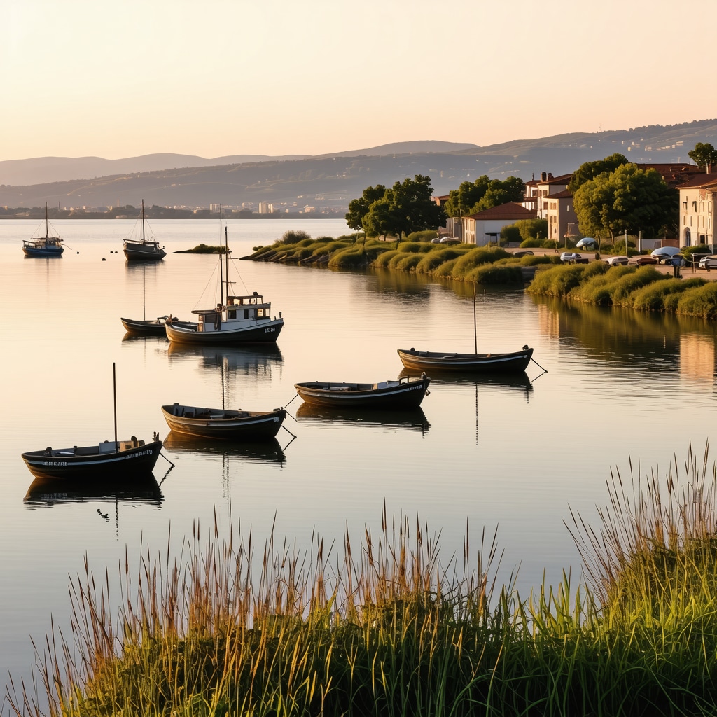 Sunset view of Koper harbor showing wetlands and fishing boats illustrating nature-human harmony