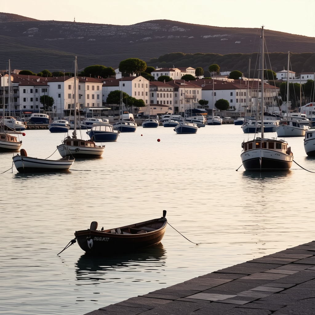 Koper harbor showing calm sea, fishing boats, and natural surroundings at sunset