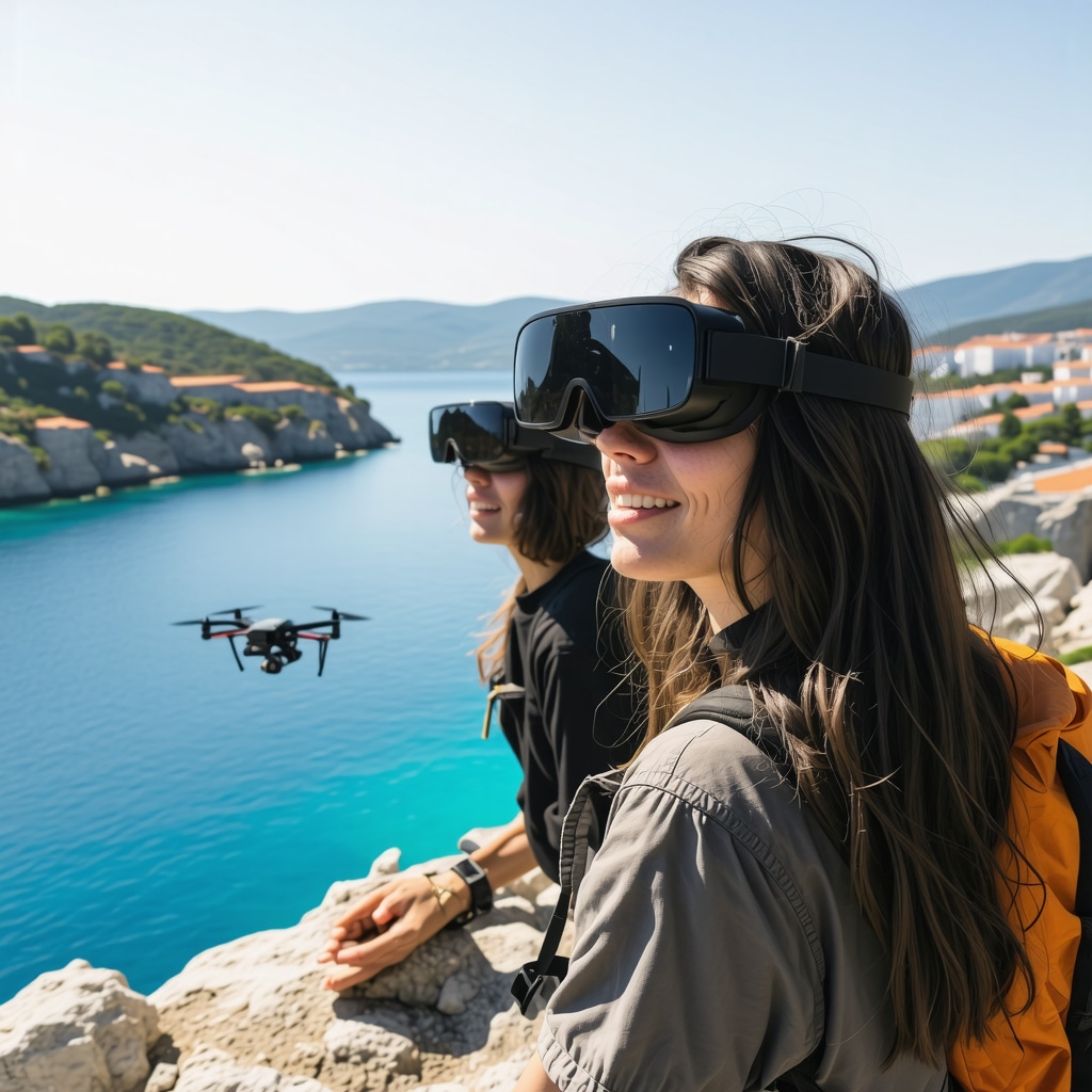 Hikers with augmented reality devices and underwater drones exploring Koper coast with natural and cultural landmarks