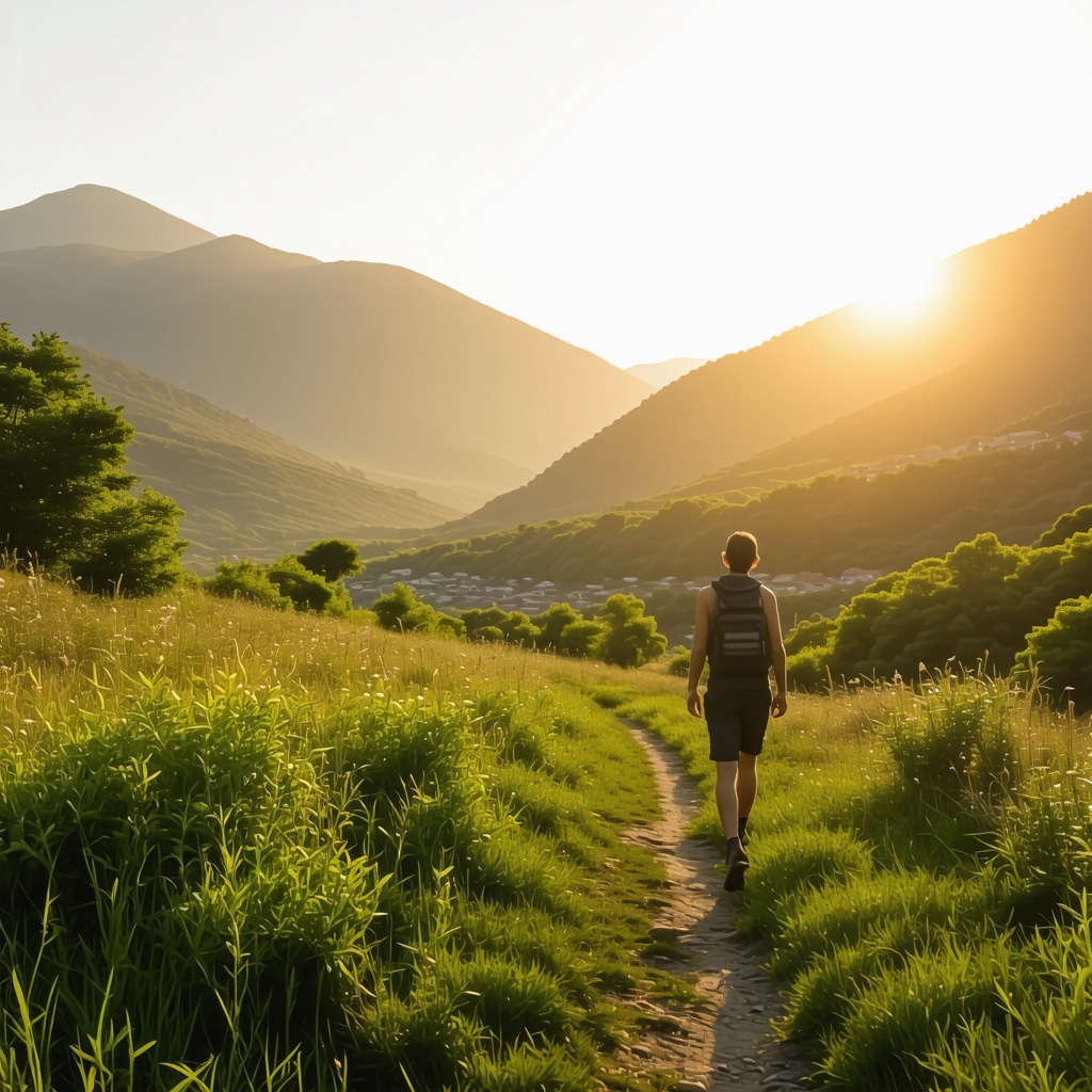 Korçë mountain trail with lush greenery and sunrise, highlighting sustainable ecotourism