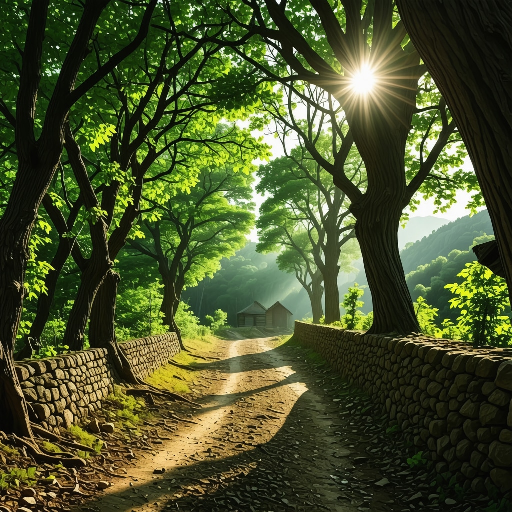 Sunlit forest trail in Korçë with traditional stone walls and wooden huts