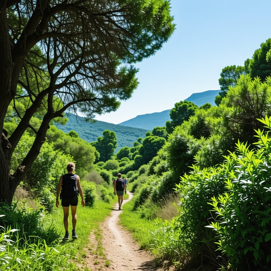 Hikers exploring Korçula's lush natural landscape with vibrant greenery and clear sky