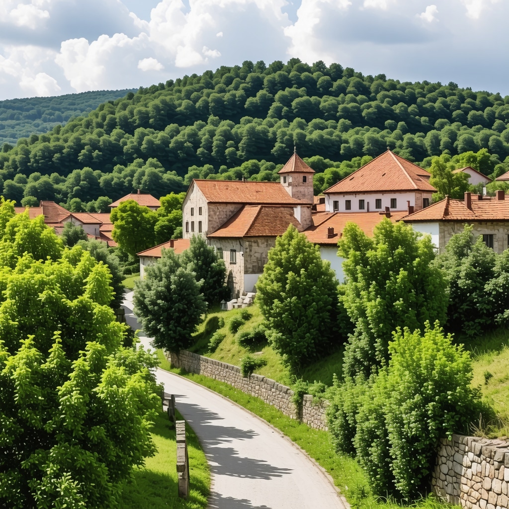 Krushevo kasabasının geleneksel mimarisi ve doğal güzellikleriyle panoramik görünüm