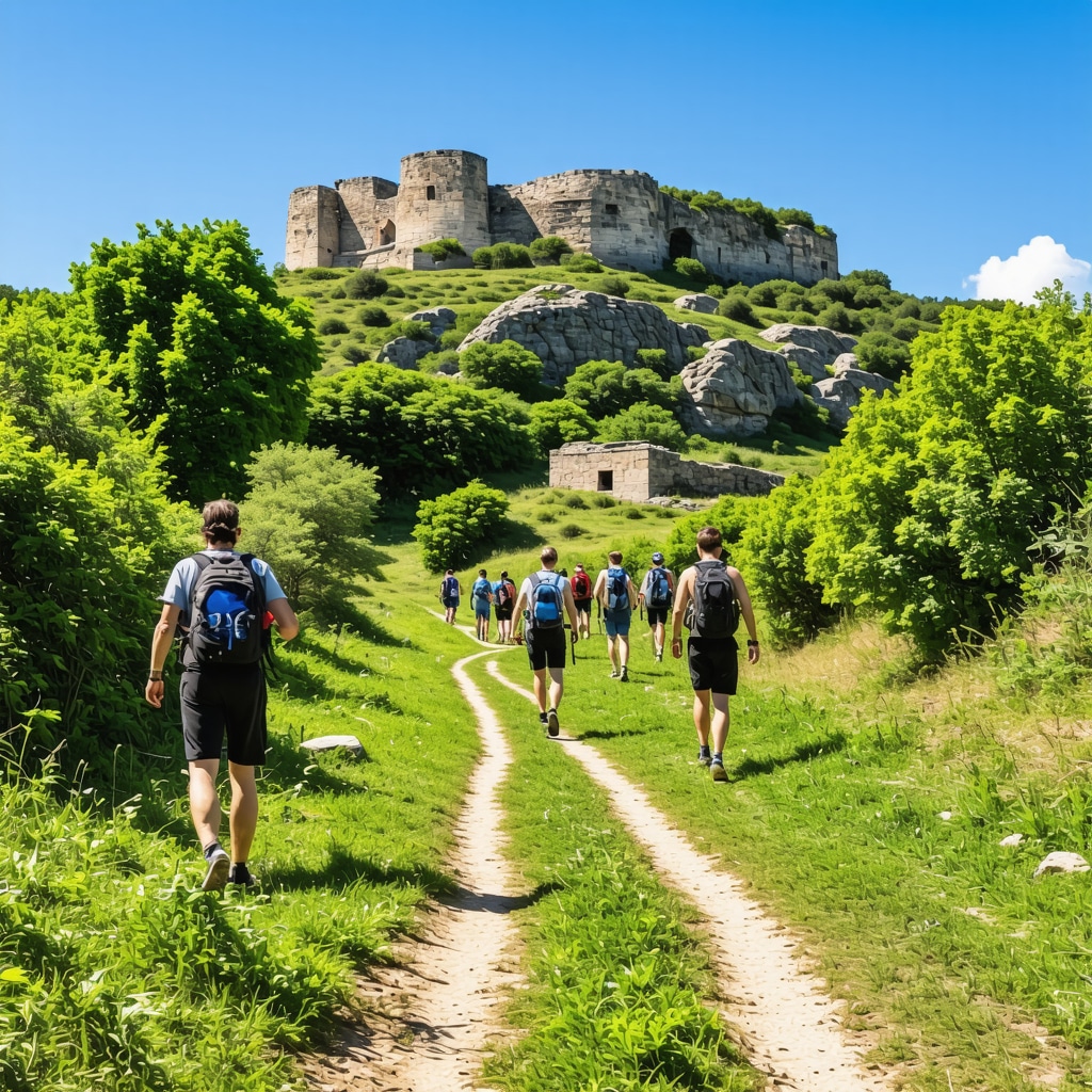 Hikers walking on Kumanova cultural and nature trail with historic ruins and natural landscape