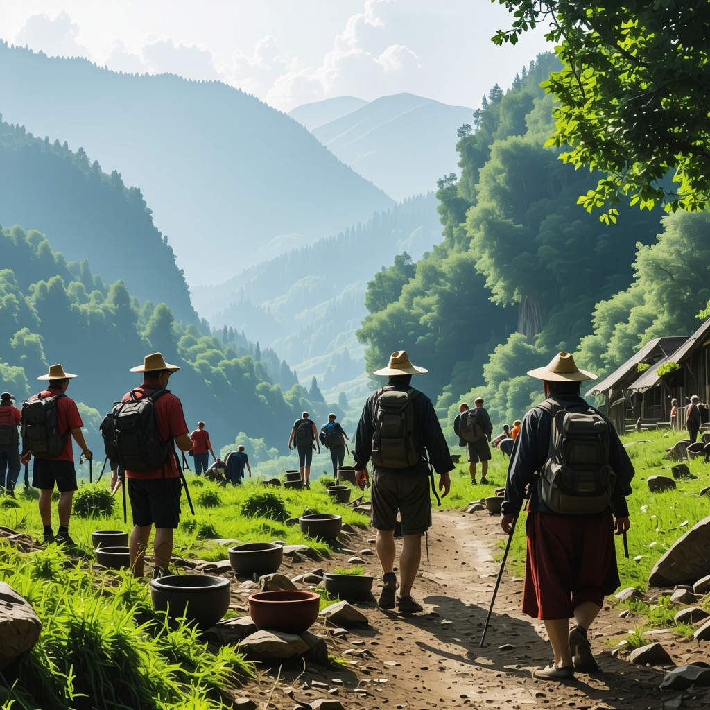Panoramic view of Kumanova's valleys with hikers and locals displaying traditional crafts