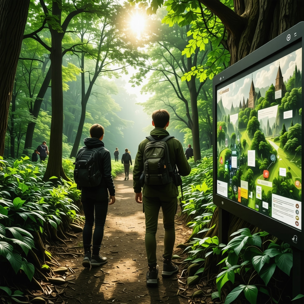 Hikers on a green trail in Ljubljana using augmented reality devices displaying historical and ecological information