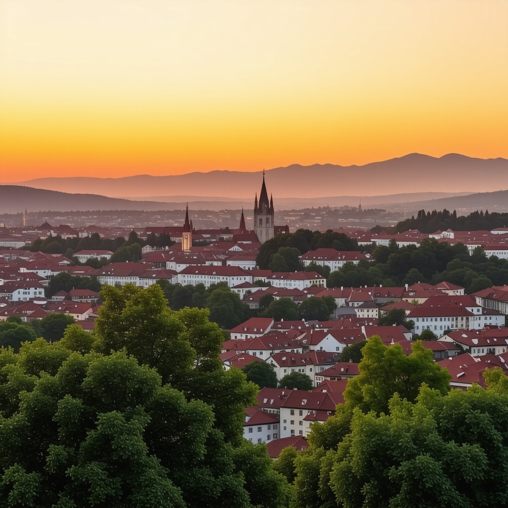 Scenic sunset view over Ljubljana city with natural surroundings and vibrant sky colors