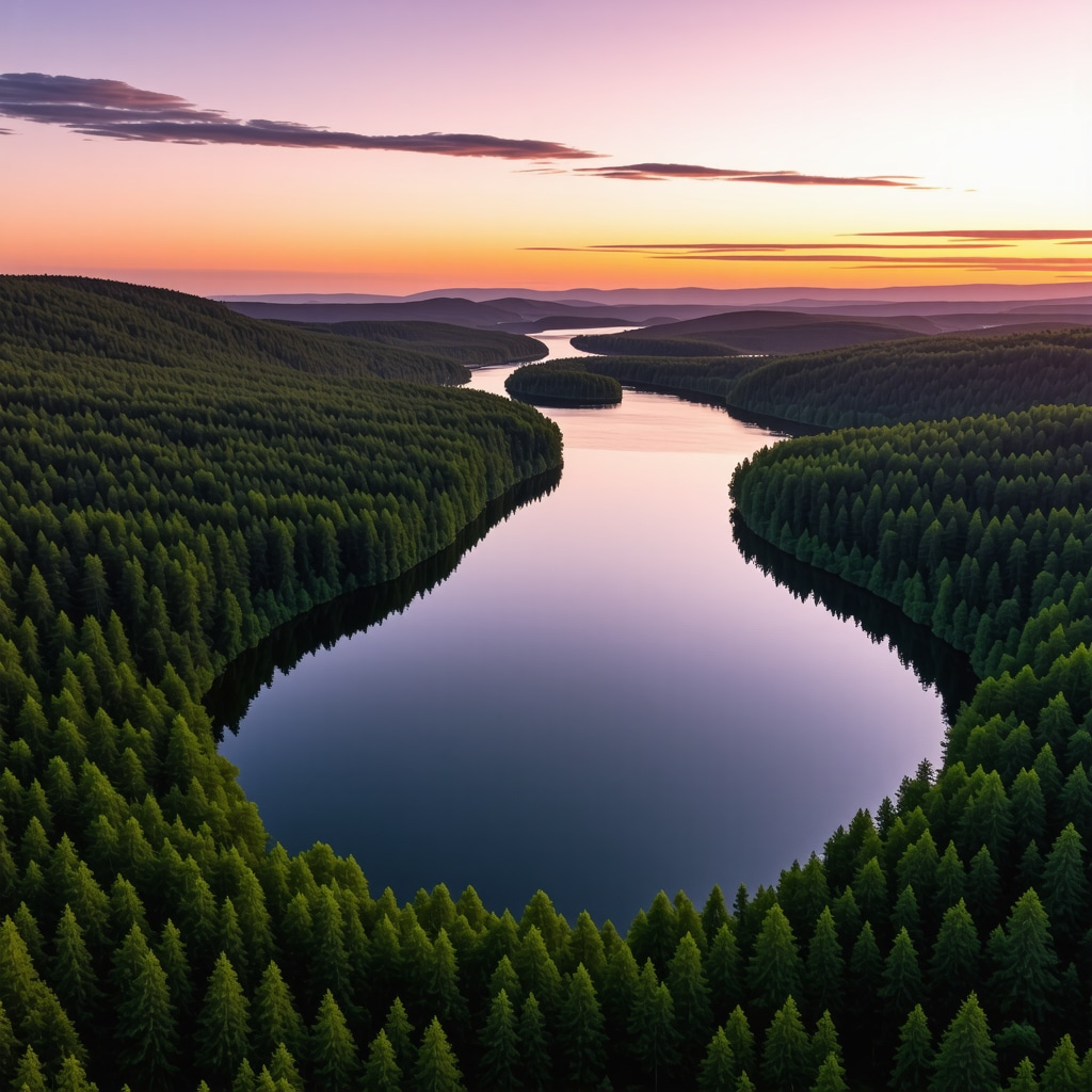 A breathtaking high-resolution drone image capturing Ljubuški Gölleri during sunset, reflecting vibrant colors on calm waters surrounded by greenery