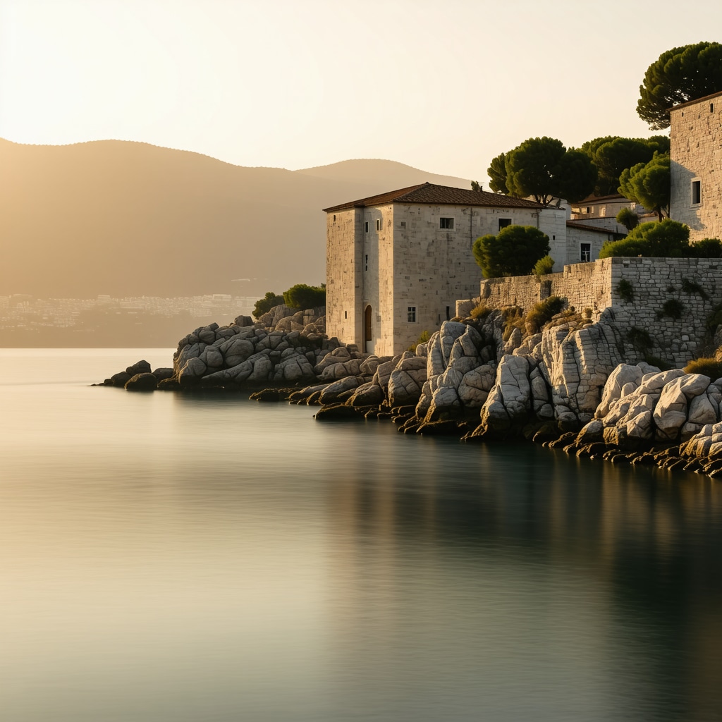 Misty water and historic stone buildings of Trogir coastline during sunset with golden light