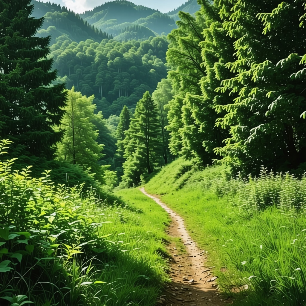 A peaceful mountain trail surrounded by dense green trees in daylight.