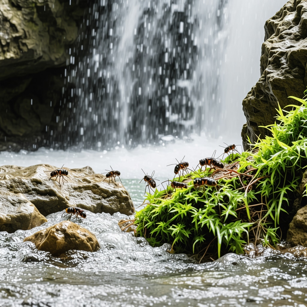 Close-up macro image showing moss and small insects on rocks with waterfall background in Krka National Park