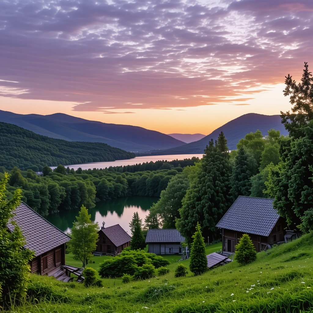 Panoramic landscape of Mavrovo National Park with forests, lakes, and traditional wooden houses at sunset
