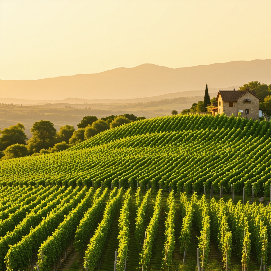 Panoramic view of sustainable vineyards in Melnik with traditional stone houses and hills at sunrise