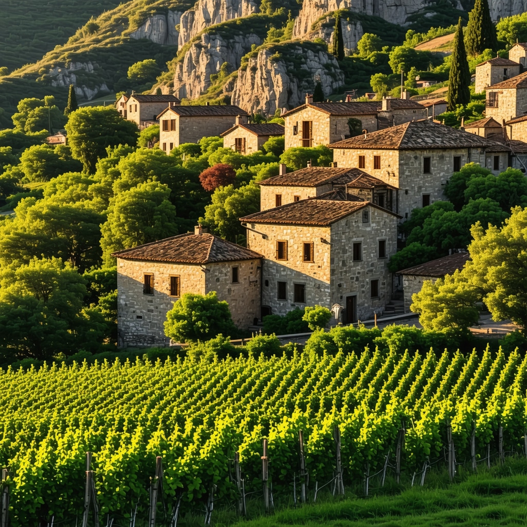 Panoramic view of Melnik with stone houses, vineyards, and rocky hills at sunset