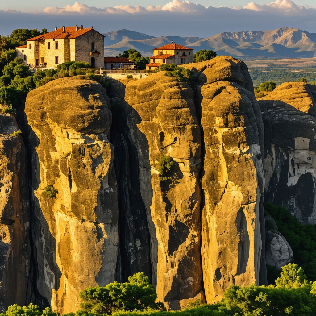 Meteora'nın kayalıkları ve üzerindeki manastırlar, gün batımında muhteşem manzara, jeolojik katmanlar ve doğal güzellikler görüntüsü.