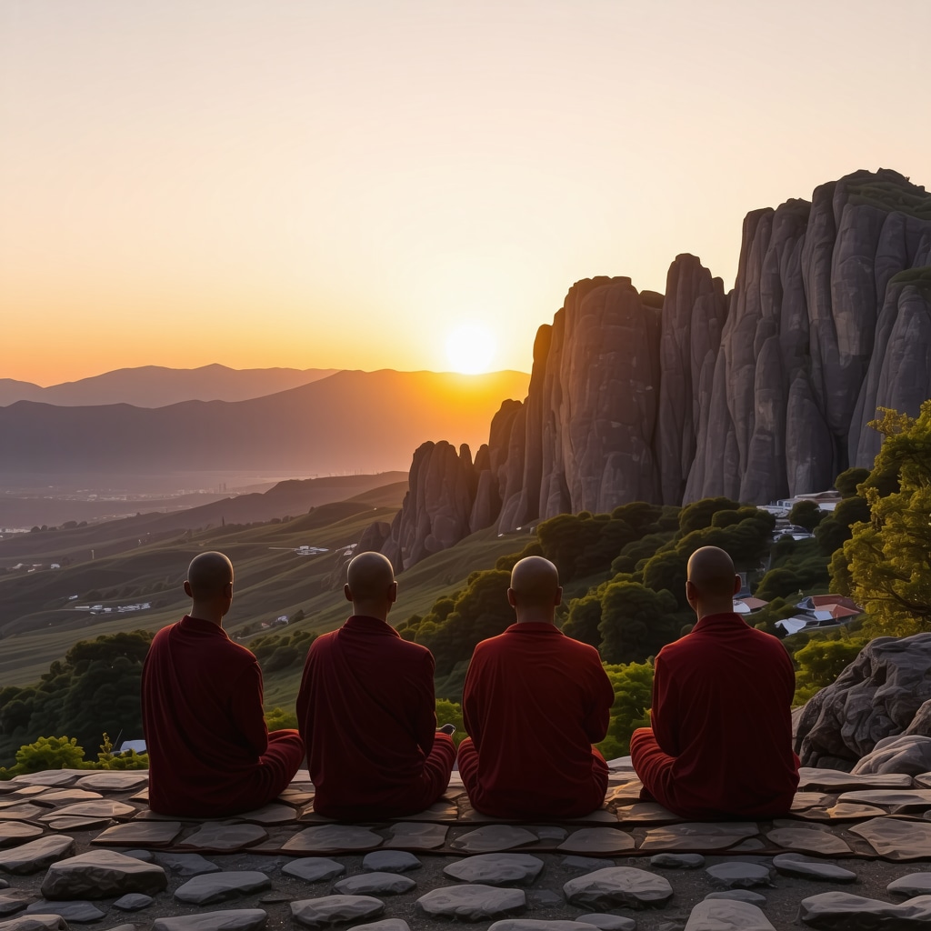 Gün batımında Meteora kayaları ve meditasyon yapan manastır keşişleri