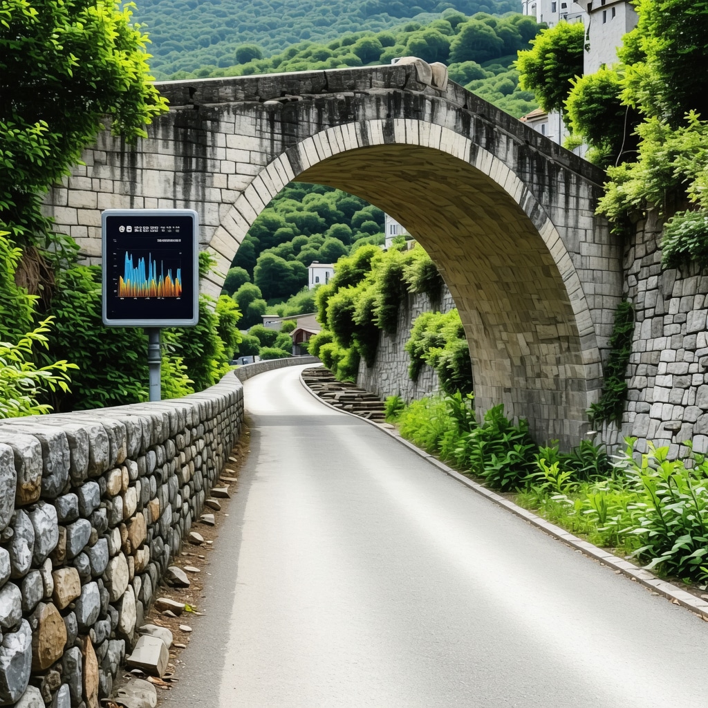 A scenic Mostar hiking trail featuring high-tech environmental sensors alongside historic stone bridge and natural landscape