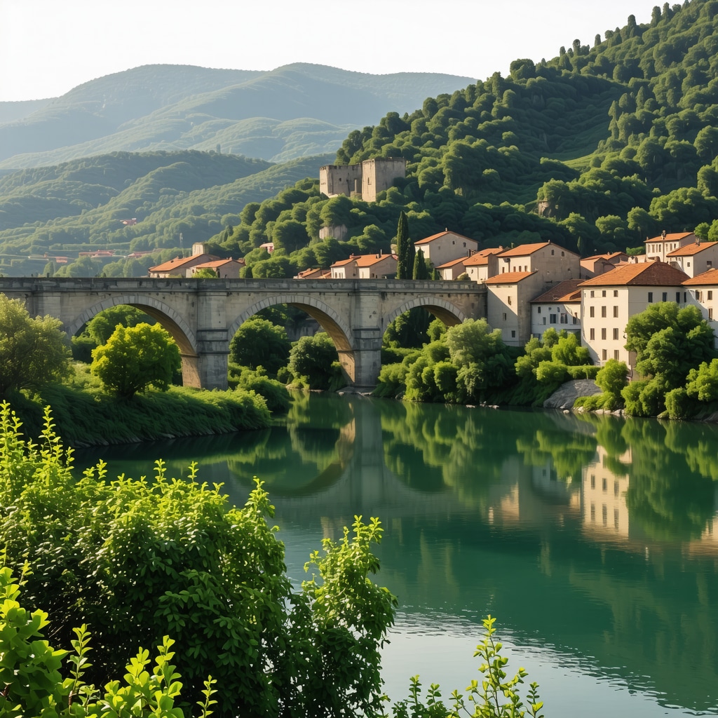 Beautiful landscape of Mostar with the historic bridge and green scenery