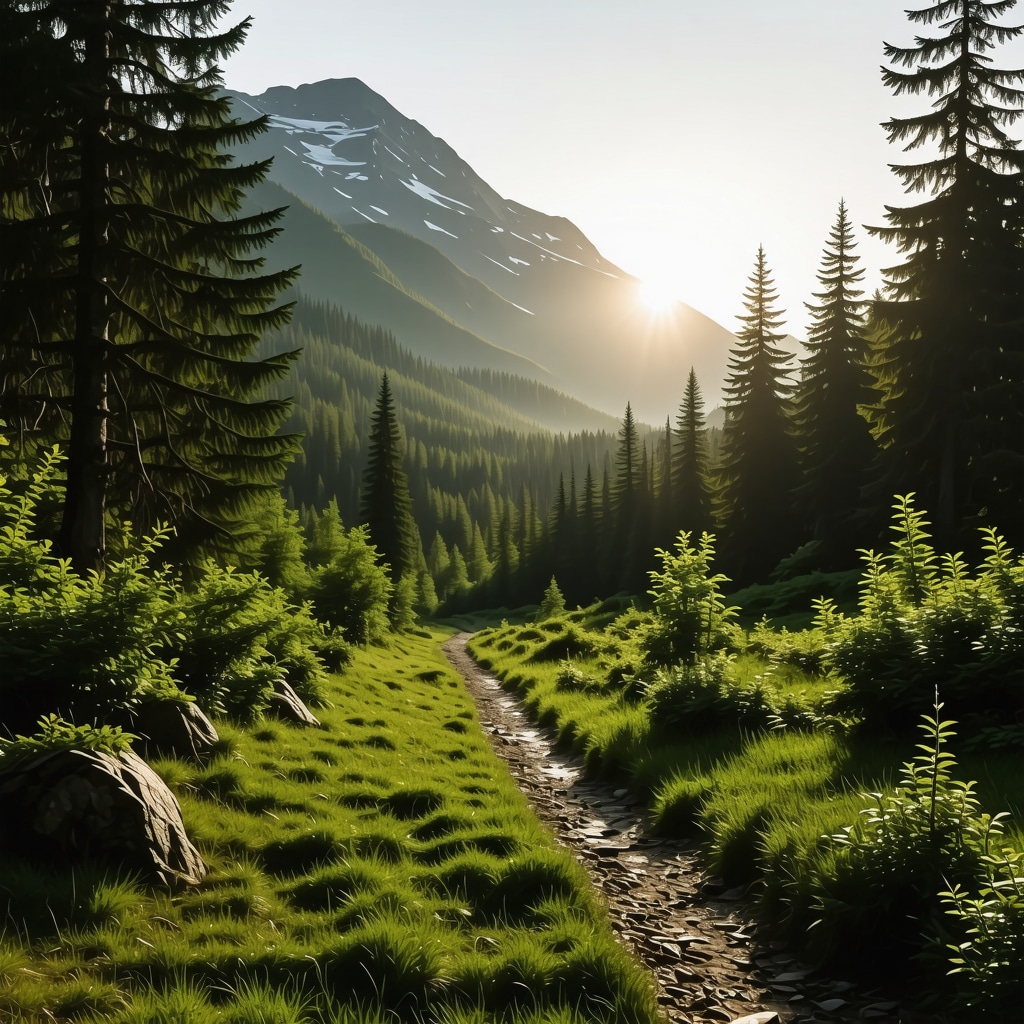 Scenic mountain and forest trail at sunrise