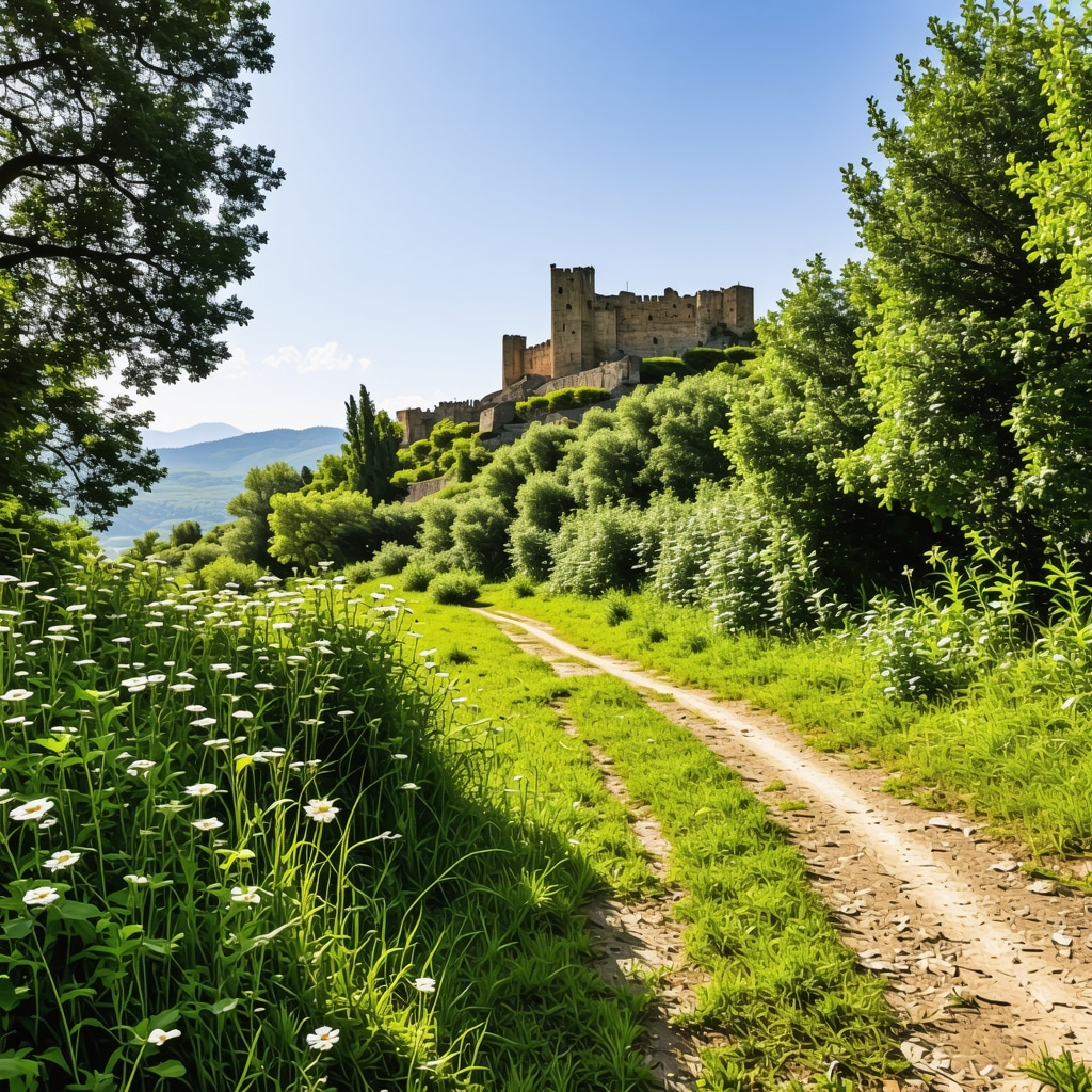 A scenic nature hiking trail in the Rhodopi Mountains near Plovdiv with diverse flora and an ancient castle ruin