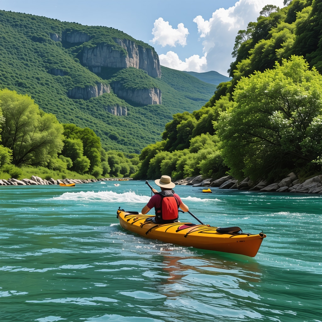 Neretva Nehri kıyısında kano yapan ve çevresinde yeşil doğa bulunan bir manzara