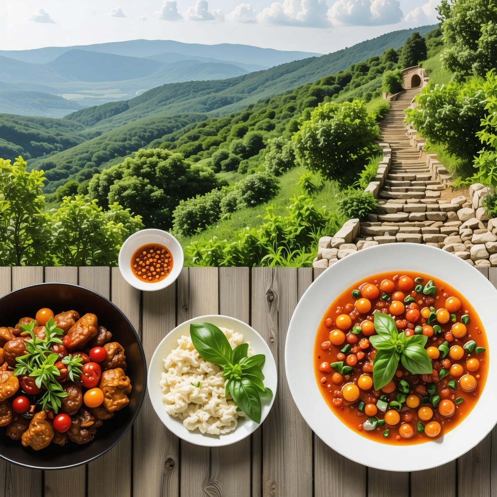 Scenic hiking trails around Niš with plates of traditional Balkan food in foreground
