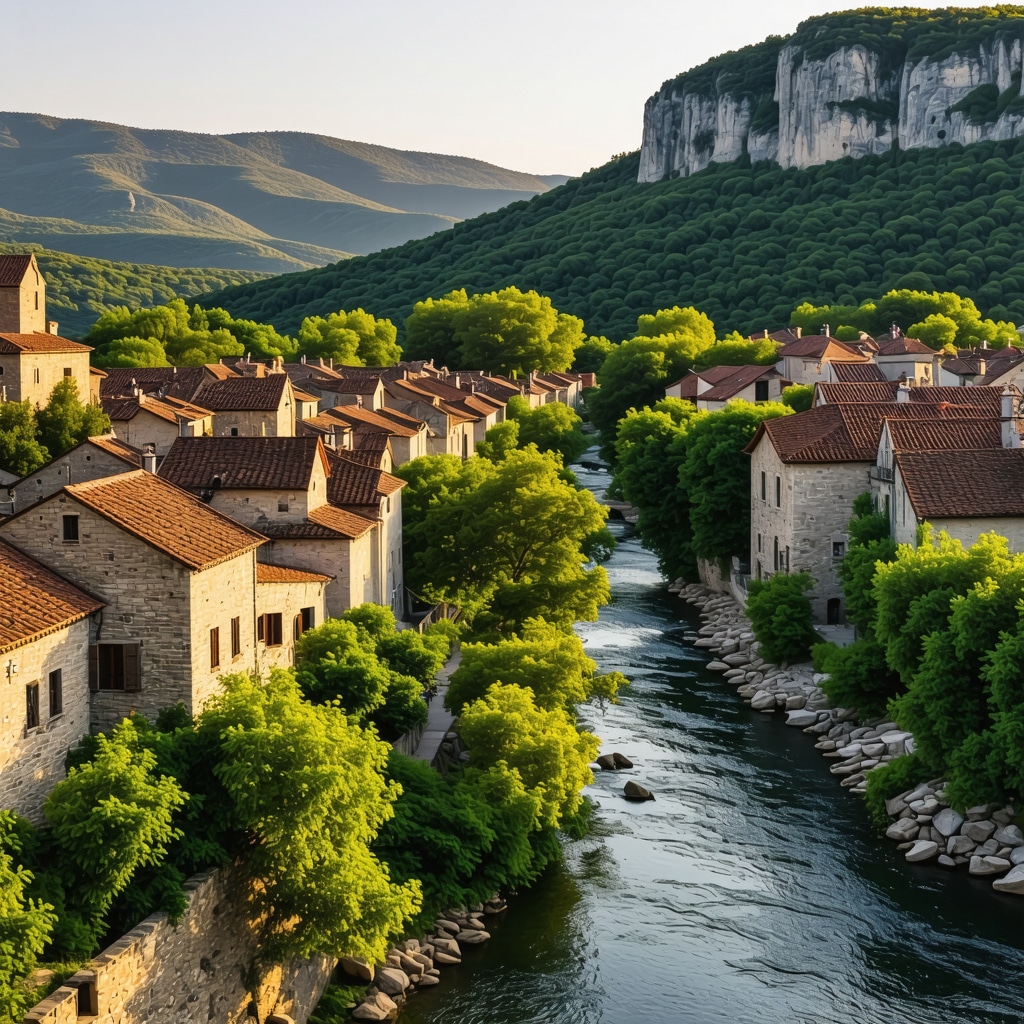 Panoramic view of Poçitelj's stone streets, historic buildings, and surrounding green nature with Neretva River nearby at sunset