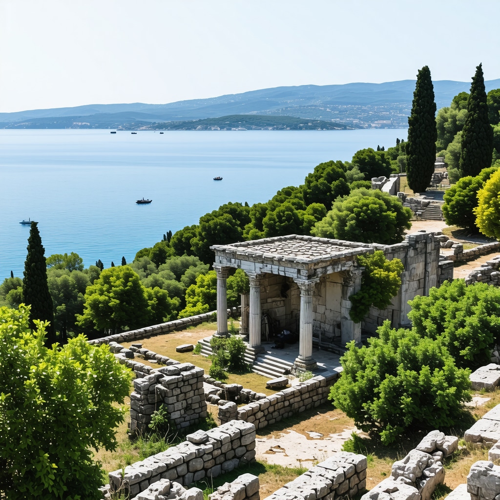 Split Marjan Hill forest overlooking Adriatic Sea with ancient ruins and divers in clear waters