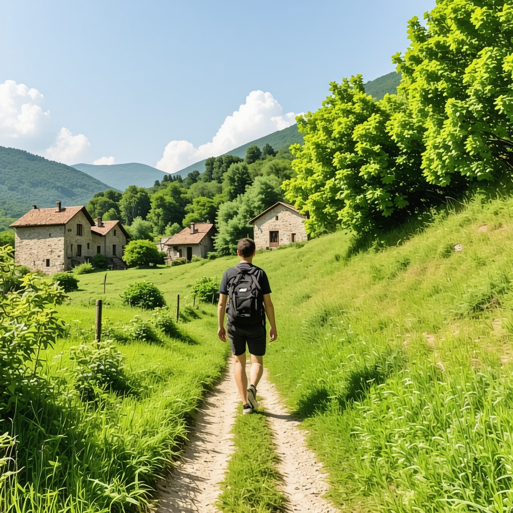 Nature trail with greenery and traditional stone houses near Gjakova