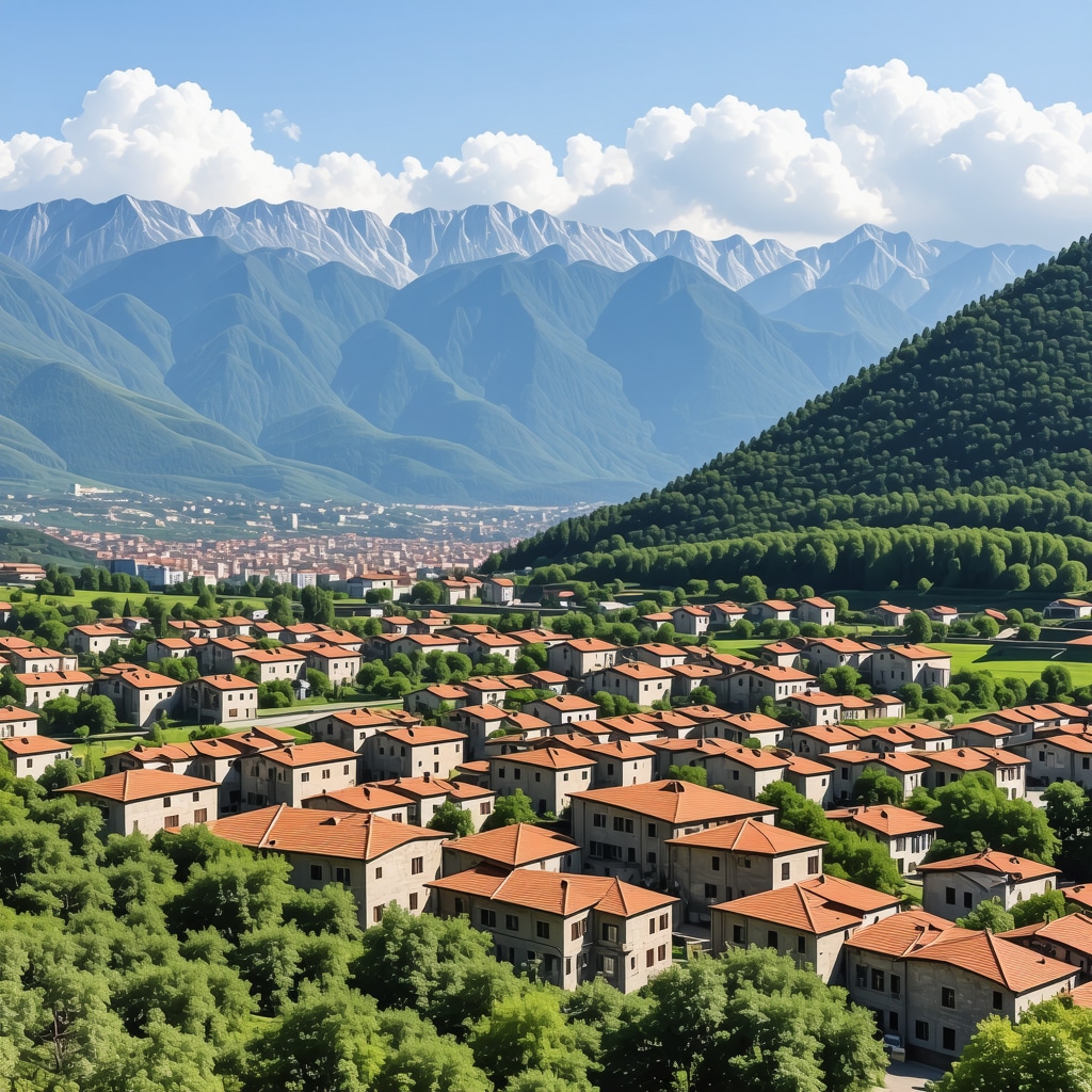 Beautiful panoramic view of Peja city surrounded by mountains with historical buildings and lively streets