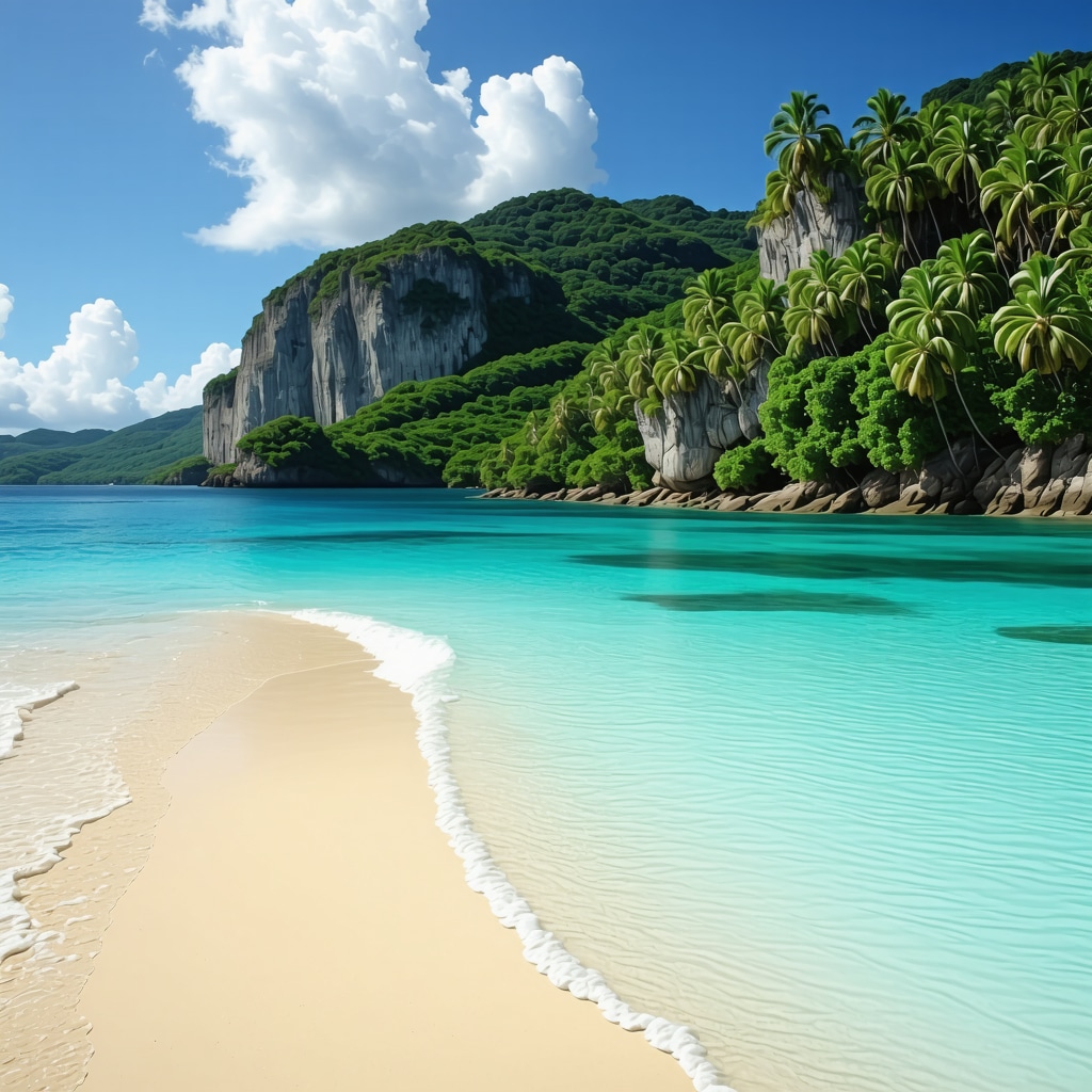 Beautiful beach with turquoise water and green surroundings.