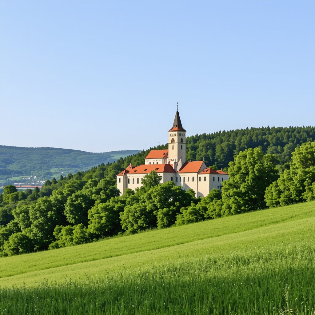 A scenic view of Ptuj castle surrounded by lush greenery and rolling hills.
