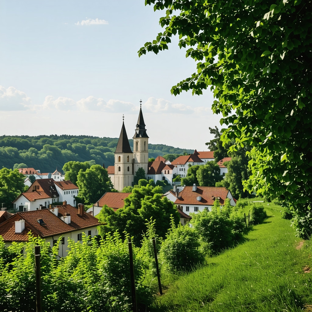 Panoramic view of Ptuj showing historic structures and surrounding natural landscape.