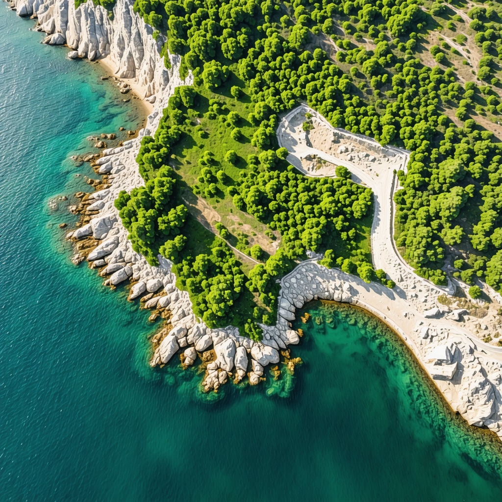 Drone aerial view of Pula's coastlines, archaeological sites, and natural formations, emphasizing geological and ecological diversity.