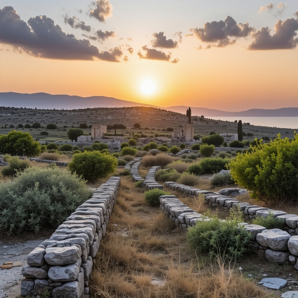 Beautiful view of Rhodes' landscapes with ancient ruins at sunset