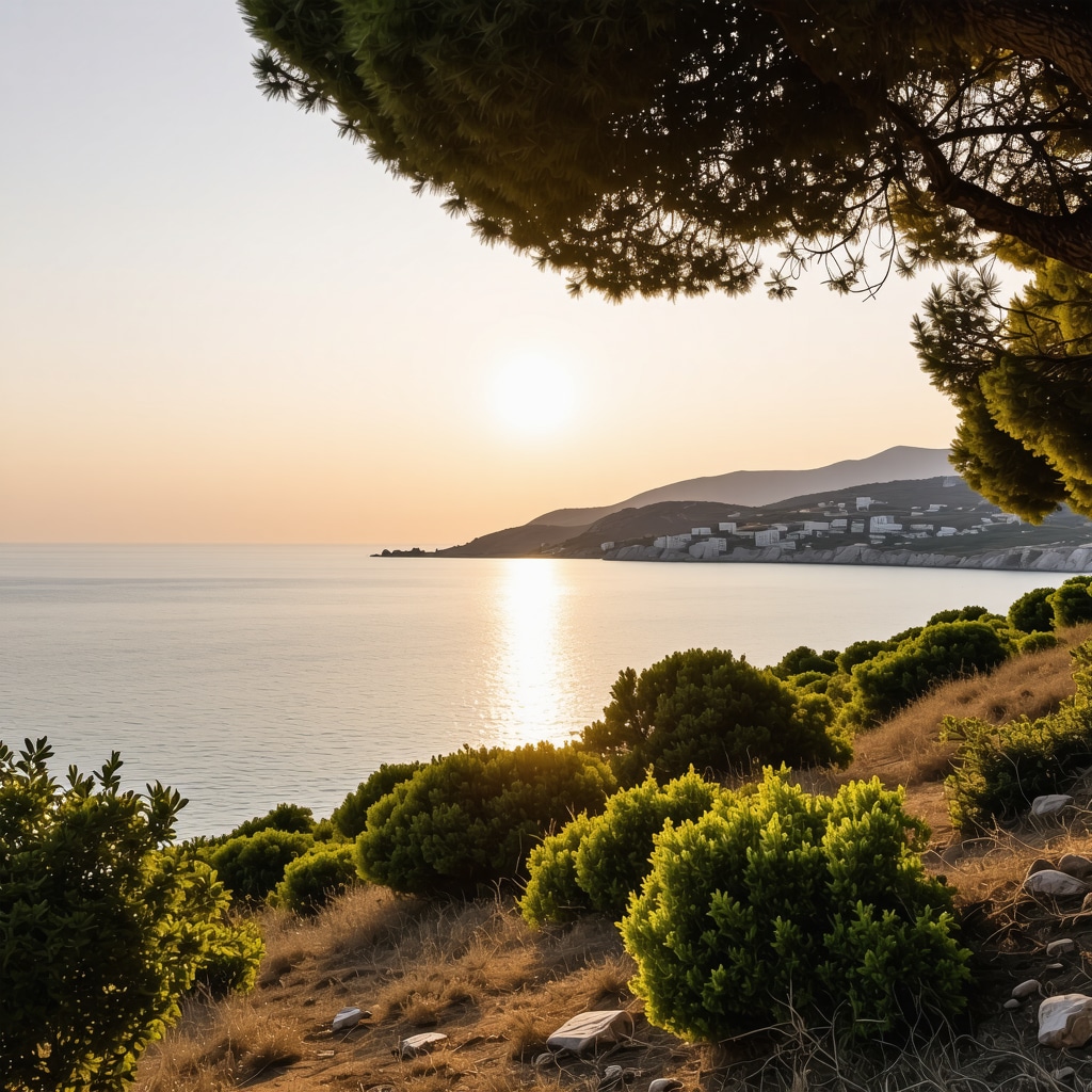 Panoramic sunset view of Rodos island showing ancient ruins, green landscapes, and Aegean Sea