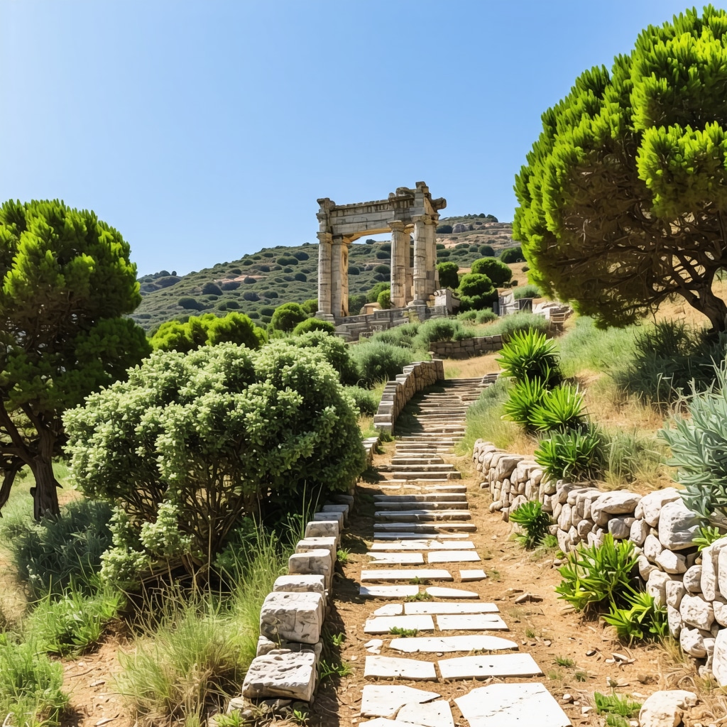 Natural landscape with ancient ruins and lush greenery in Rodos