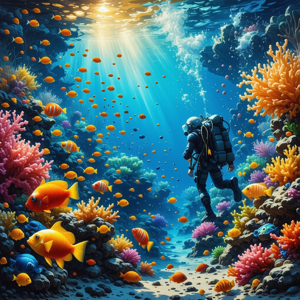 Colorful underwater scene with coral reefs and divers exploring
