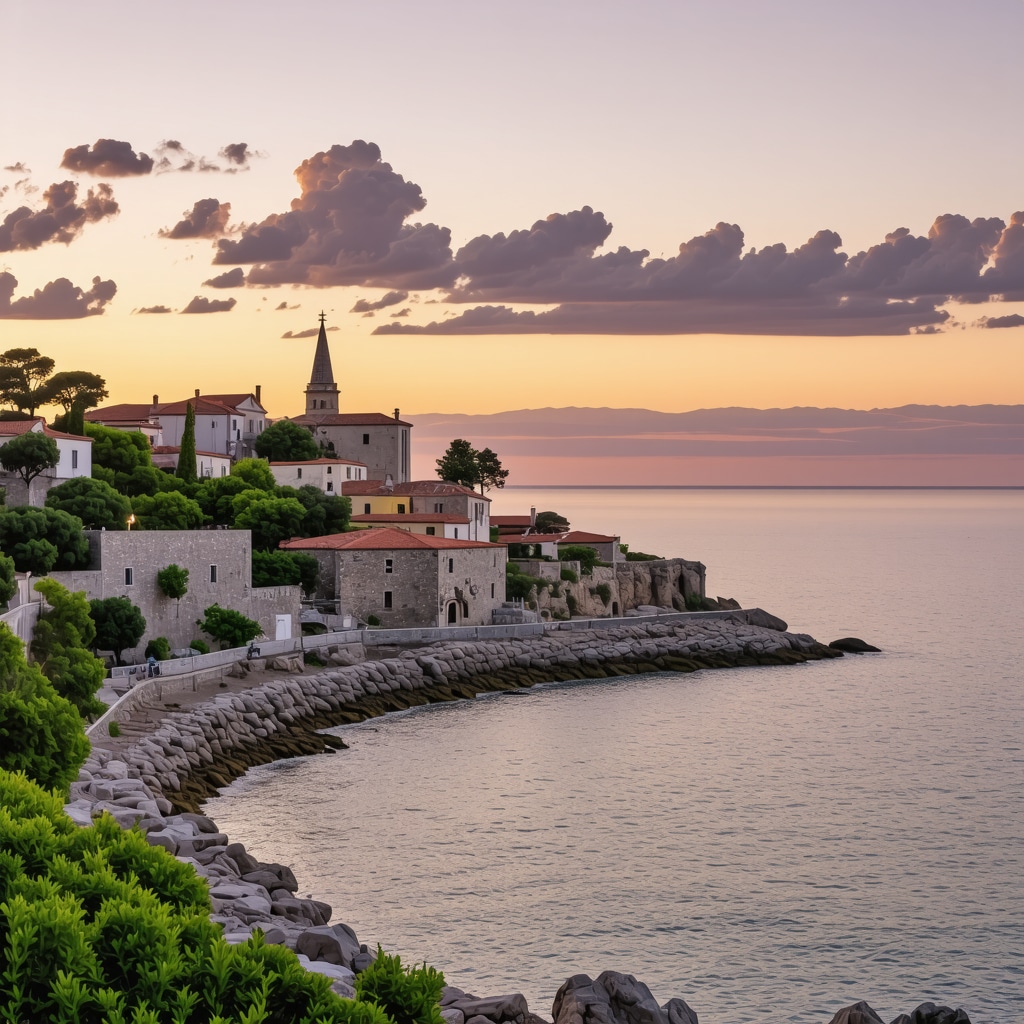 Beautiful Rovinj coastline at sunset with colorful sky