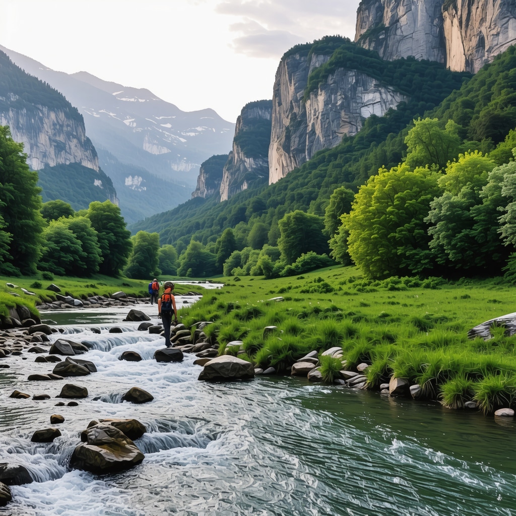 Hikers camping at sunset in Rugova Canyon surrounded by green mountains and river