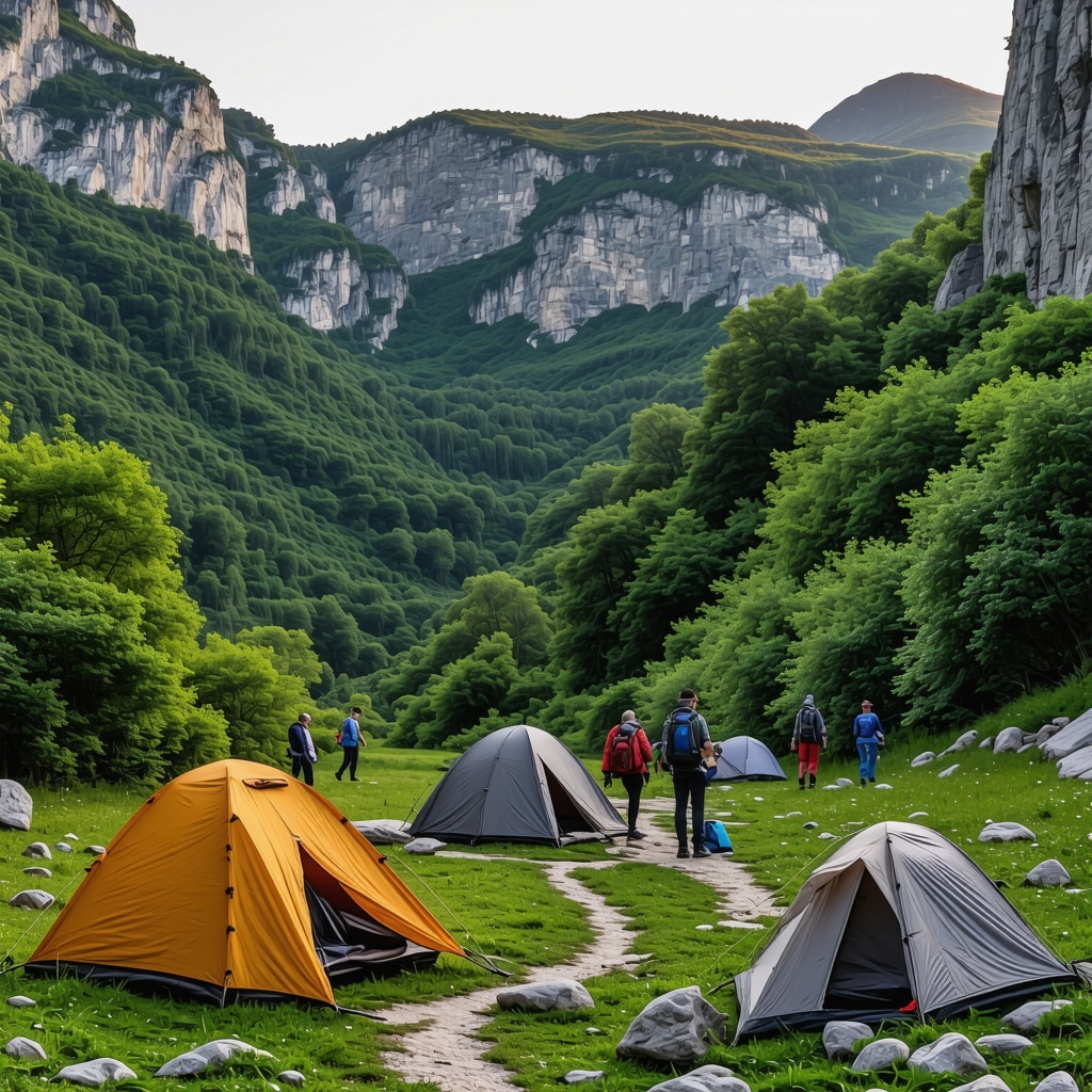 Campers with solar equipment hiking marked trails in Rugova Canyon during sunrise