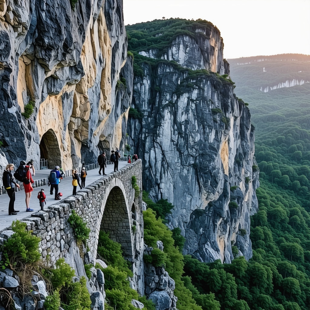 Panoramic sunrise view of Rugova Valley with hikers near a historic Ottoman stone bridge